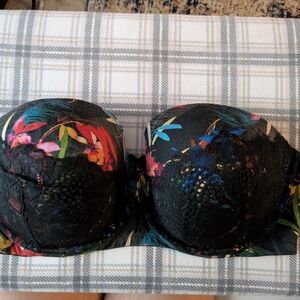 Cacique Floral Lace Strapless Bra - Black and Multicolor